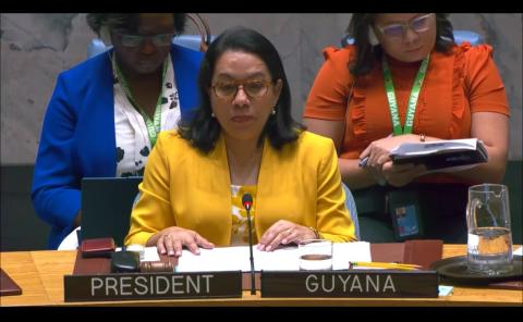 Amb. Rodrigues-Birkett delivering statement at UNSC meeting on Ukraine