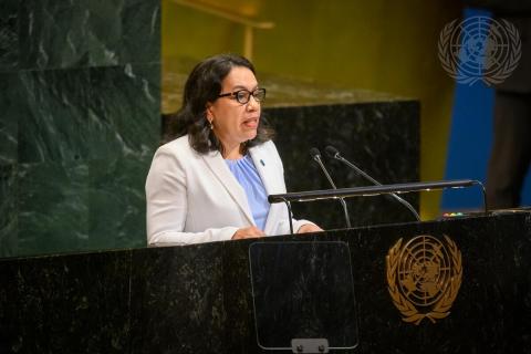 Amb. Carolyn Rodrigues Birkett delivering statement at UNGA meeting on 80th anniversary of signing of UN Charter